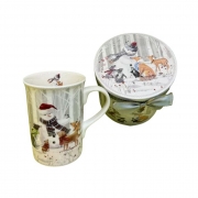 ЧАША ПОРЦ. КОЛЕДНА СНЕЖКО С ГОРСКИ ЖИВОТНИ В ПОД.КУТ. Ф7,5см Н10,5см