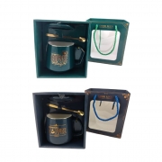 ЧАША КЕРАМ. COFEE ЗЕЛЕНА/СИНЯ С КАПАЧЕ И ЛЪЖИЧКА Ф8см Н9см  В77984 ПОД.КУТ.