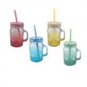 ЧАША ЦВЕТНО СТЪКЛО С ДРЪЖКА И СЛАМКА МЕТ. КАПАК 400мл Ф7смН13см